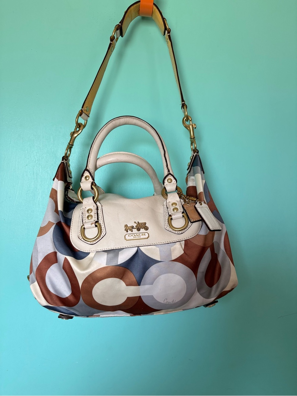Coach Multicolor Signature Shoulder Bag in Brown, Blue & Cream